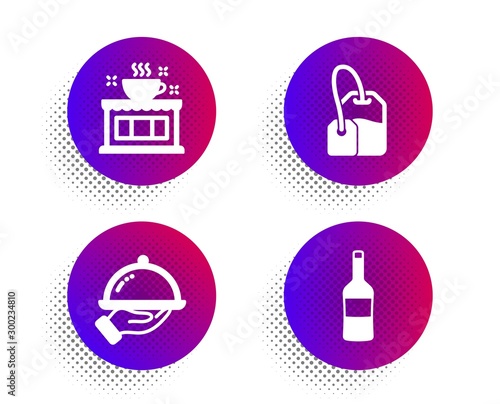 Coffee shop  Restaurant food and Tea bag icons simple set. Halftone dots button. Wine sign. Tea house  Room service  Brew hot drink. Merlot bottle. Food and drink set. Vector