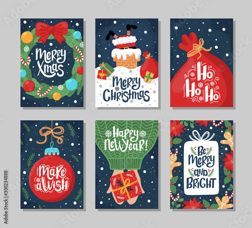 Set of Christmas and New Year greeting card with lettering hand drawn decorative elements on dark blue background.