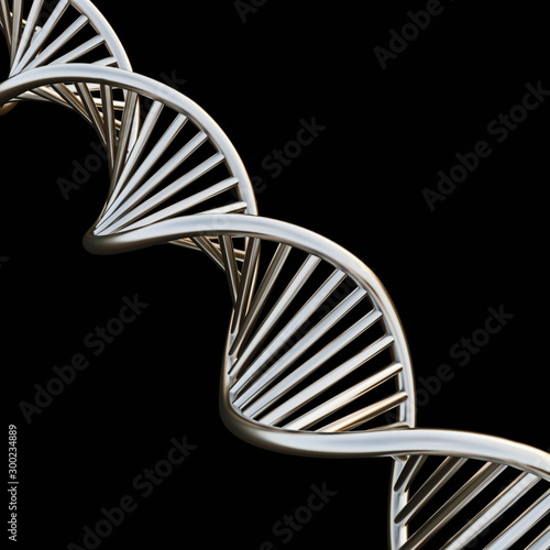DNA chain spiral in brushed white gold material, isolated on black background, concept of genetic engineering, research, 3d rendering, 3d illustration