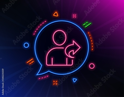 Refer a friend line icon. Neon laser lights. Share sign. Glow laser speech bubble. Neon lights chat bubble. Banner badge with refer friend icon. Vector