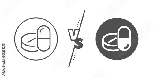 Medicine pills sign. Versus concept. Medical drugs line icon. Pharmacy medication symbol. Line vs classic medical drugs icon. Vector