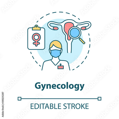 Gynecology concept icon. Women healthcare idea thin line illustration. Gynaecologist, doctor. Female reproductive system, fertility. Vector isolated outline drawing. Editable stroke