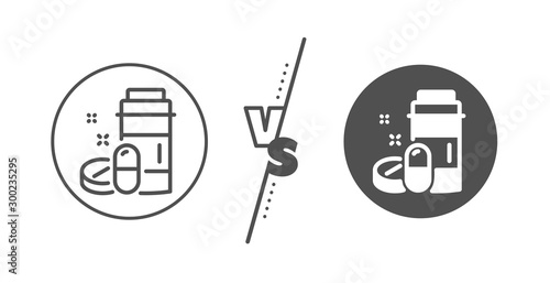 Medicine pills sign. Versus concept. Medical drugs bottle line icon. Pharmacy medication symbol. Line vs classic medical drugs icon. Vector