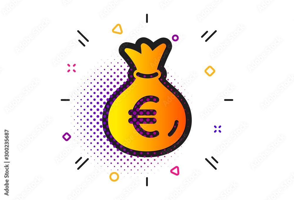 Cash Banking currency sign. Halftone circles pattern. Money bag icon. Euro or EUR symbol. Classic flat money bag icon. Vector