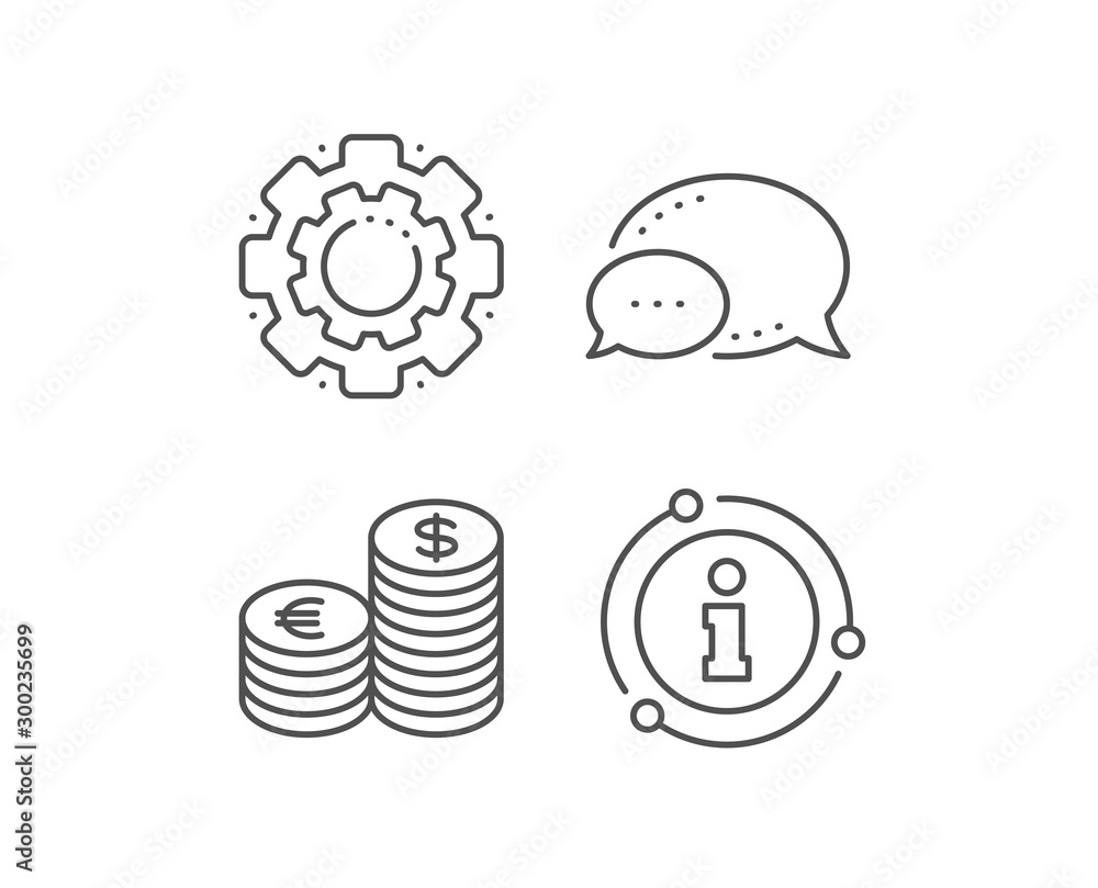 Coins money line icon. Chat bubble, info sign elements. Banking currency sign. Euro and Dollar Cash symbols. Linear currency outline icon. Information bubble. Vector Coins money line icon. Chat bubble, info sign elements. Banking currency sign. Euro and Dollar Cash symbols. Linear currency outline icon. Information bubble. Vector