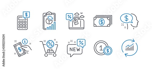 Set of Finance icons, such as Pay, Usd coins, Shopping cart, Report, Payment method, New, Travel loan, Calculator, Banking, Update data line icons. Beggar, Cash payment. Line pay icon. Vector