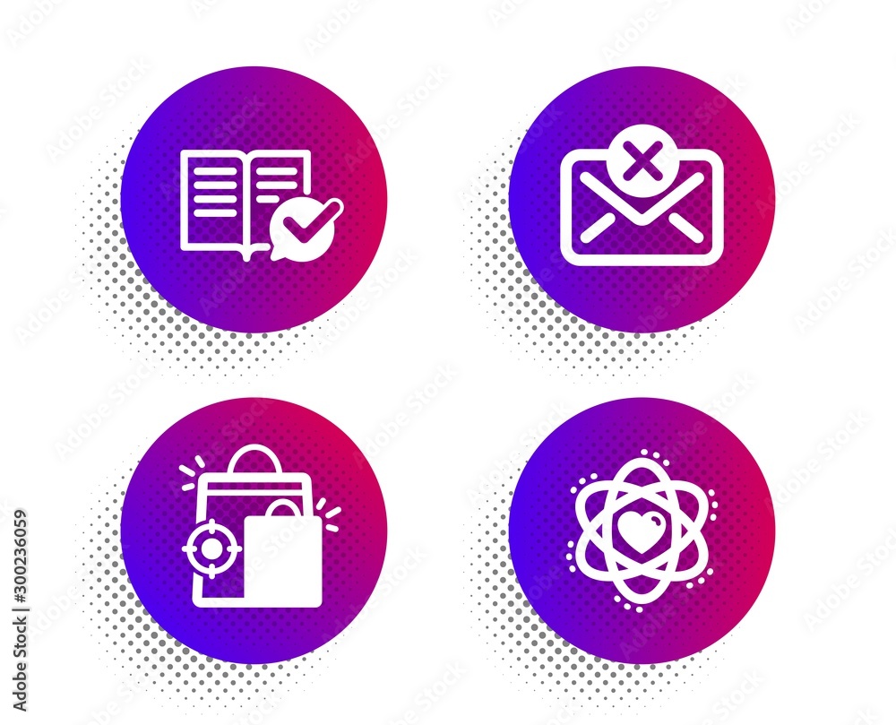 Seo shopping, Reject mail and Approved documentation icons simple set. Halftone dots button. Atom sign. Analytics, Delete letter, Instruction book. Electron. Technology set. Vector Seo shopping, Reject mail and Approved documentation icons simple set. Halftone dots button. Atom sign. Analytics, Delete letter, Instruction book. Electron. Technology set. Vector