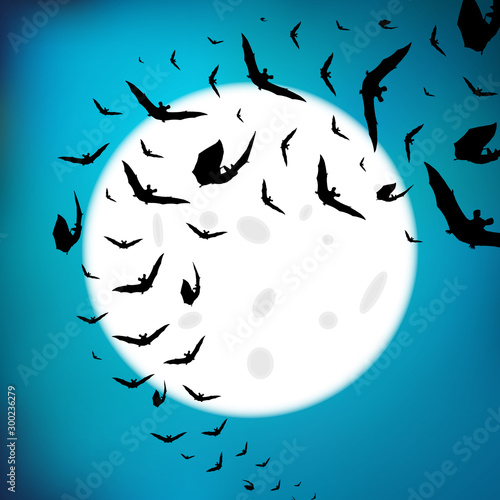 Silhouette of flying bats in the night sky, with bright full moon. Halloween dark blue design.