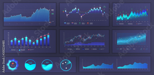 Bright modern infographic with data and charts, statistics graphs and finance analysis in futuristic style. UI,  UX web elements design, modern style. Blue Business infographic template set. Vector