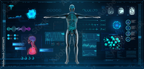 Fotografiet MRT and body scan in HUD style design, Human body, organs and brain scan with pictures