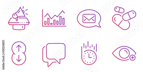 Infochart, Messenger and Talk bubble line icons set. Capsule pill, Fast delivery and Megaphone signs. Scroll down, Farsightedness symbols. Stock exchange, New message. Business set. Vector