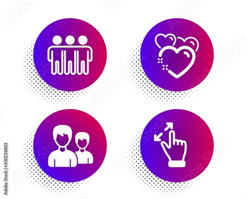 Couple, Heart and Friendship icons simple set. Halftone dots button. Touchscreen gesture sign. Two male users, Love, Trust friends. Zoom in. People set. Classic flat couple icon. Vector