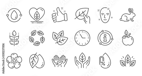 Organic cosmetics line icons. No alcohol free, synthetic fragrance, fair trade. Sustainable textiles, animal testing, eco organic icons. Linear set. Quality line set. Vector