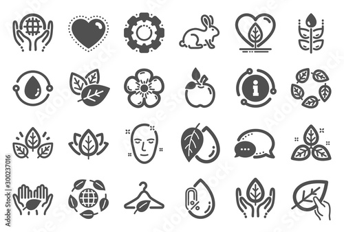 Organic cosmetics icons. No alcohol free, synthetic fragrance. Slow fashion, sustainable textiles icons. Fair trade, eco organic cosmetics. Gluten free, animal testing. Quality set. Vector