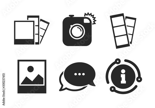 Flash light symbol. Chat, info sign. Hipster photo camera icon. Photo booth strips sign. Landscape photo frame. Classic style speech bubble icon. Vector