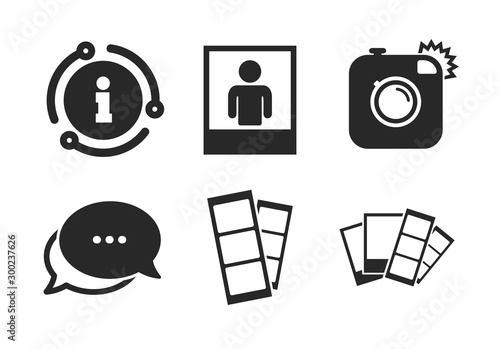 Flash light symbol. Chat, info sign. Hipster photo camera icon. Photo booth strips sign. Human portrait photo frame. Classic style speech bubble icon. Vector