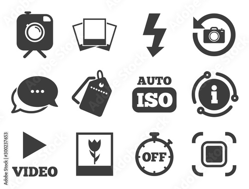 Camera, photos and frame signs. Discount offer tag, chat, info icon. Photo, video icons. Flash, timer and macro symbols. Classic style signs set. Vector