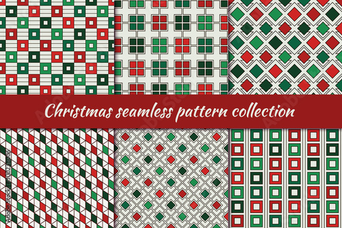 Christmas seamless pattern collection. Holiday backgrounds set. Print kit in traditional colors. Vector digital paper.