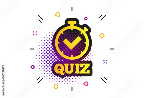Quiz timer sign icon. Halftone dots pattern. Questions and answers game symbol. Classic flat quiz icon. Vector