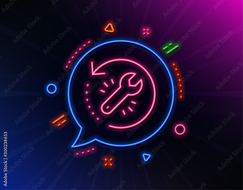 Recovery tool line icon. Neon laser lights. Backup data sign. Restore information symbol. Glow laser speech bubble. Neon lights chat bubble. Banner badge with recovery tool icon. Vector