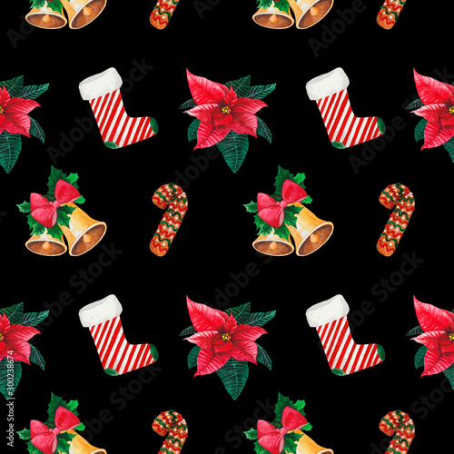 Hand drawn  seamless pattern (ideal for giftpaper) with Euphorbia pulcherrima, Poinsettia, christmas rings, jingle bells, socks, candy in watercolor photo