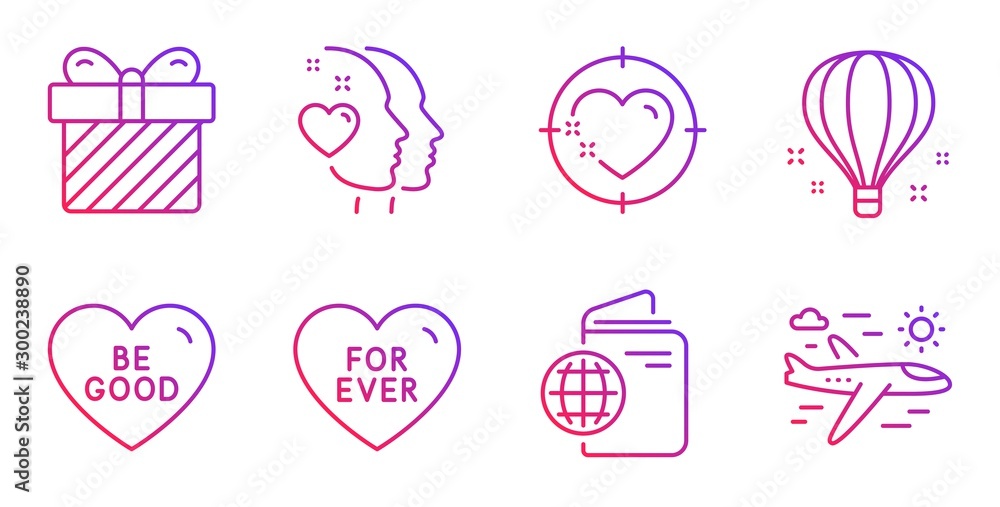 Surprise, For ever and Heart line icons set. Air balloon, Travel passport and Be good signs. Heart target, Airplane travel symbols. Present with bow, Love sweetheart. Holidays set. Vector Surprise, For ever and Heart line icons set. Air balloon, Travel passport and Be good signs. Heart target, Airplane travel symbols. Present with bow, Love sweetheart. Holidays set. Vector