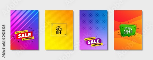 Up to 30% off Sale. Cover design, banner badge. Discount offer price sign. Special offer symbol. Save 30 percentages. Poster template. Sale, hot offer discount. Flyer or cover background. Vector