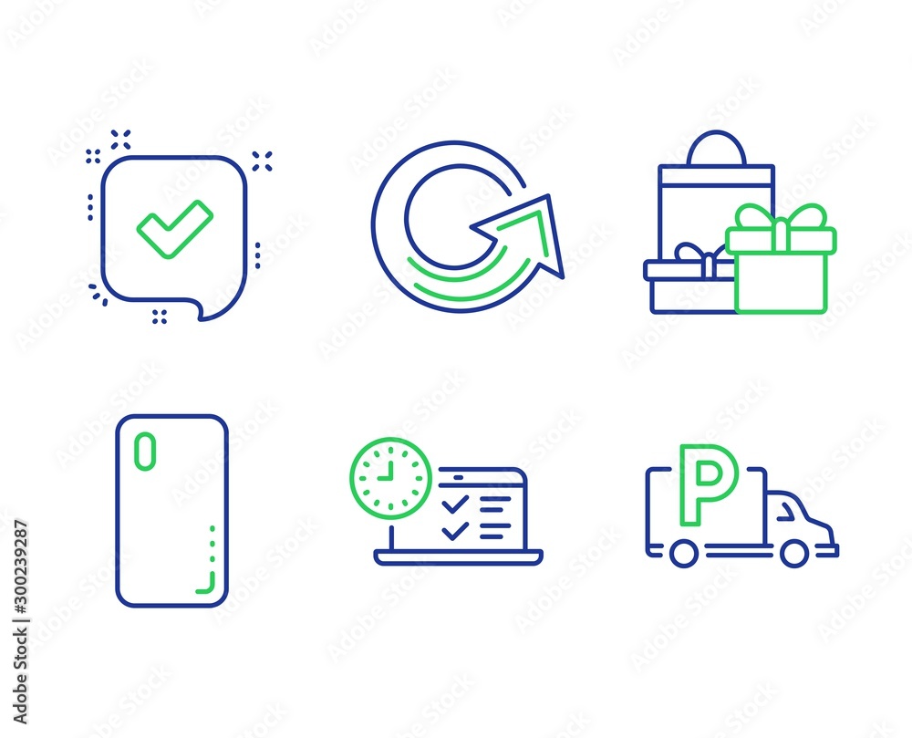 Smartphone cover, Reload and Online test line icons set. Confirmed, Shopping and Truck parking signs. Phone, Update, Examination. Accepted message. Business set. Vector Smartphone cover, Reload and Online test line icons set. Confirmed, Shopping and Truck parking signs. Phone, Update, Examination. Accepted message. Business set. Vector