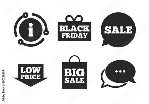 Black friday gift box symbol. Chat, info sign. Sale speech bubble icon. Big sale shopping bag. Low price arrow sign. Classic style speech bubble icon. Vector