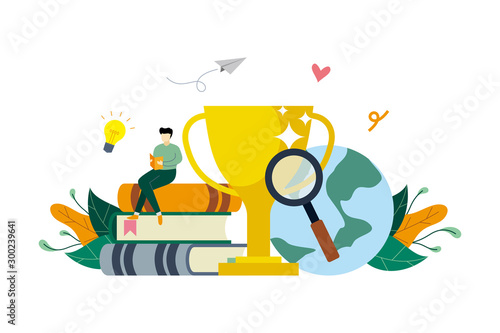 Success education, reward, winner, competition. With small learner on pile of books concept vector flat illustration, suitable for background, landing page, advertising illustration