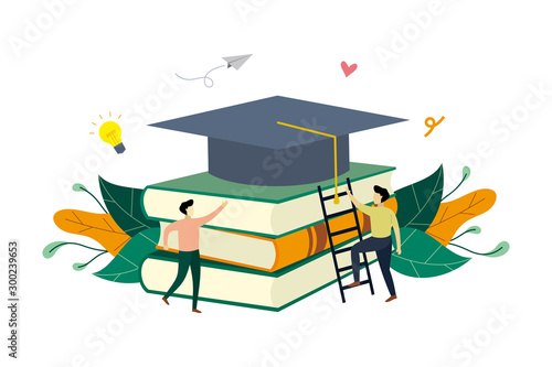 Success education, academy, knowledge. With small learner, graduation hat on pile of books concept vector flat illustration, suitable for background, advertising illustration