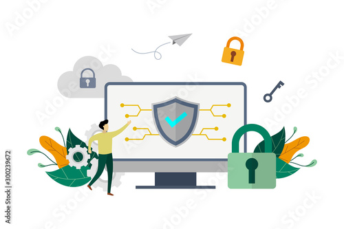 Computer security, protect shield system. Data protection with small people concept vector flat illustration, suitable for background, advertising illustration