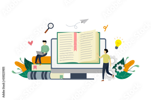 e-book, reading an ebook, e-library, modern media book library on large PC concept with small people vector flat illustration, suitable for background, banner, advertising illustration