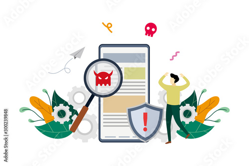Virus malware detected on phone concept, viruses attack warning signs, hacking alert messages with small people vector flat illustration, suitable for background, advertising illustration
