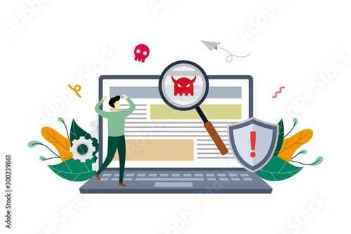Virus malware detected on laptop concept, viruses attack warning signs, hacking alert messages with small people vector flat illustration, suitable for background, advertising illustration