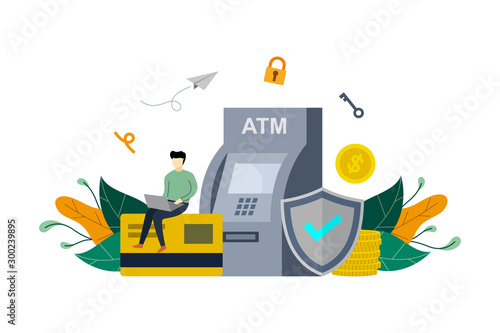 Saving money in bank, ATM machine, money protected, management of investment with small people vector flat illustration, suitable for background, advertising illustration