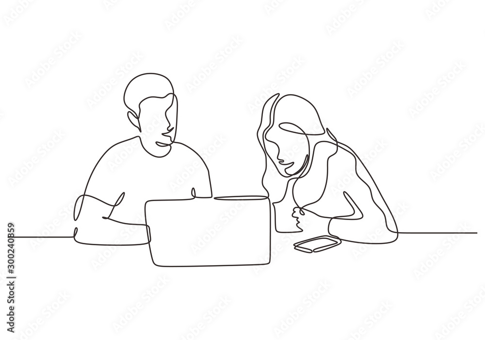 Continuous one line drawing of business concept. Man and woman sitting with laptop. Creative ...