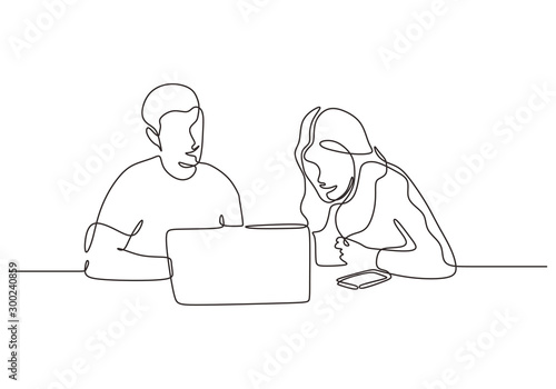 Continuous one line drawing of business concept. Man and woman sitting with laptop. Creative work of discussion, client meeting, creative thinking and strategy.
