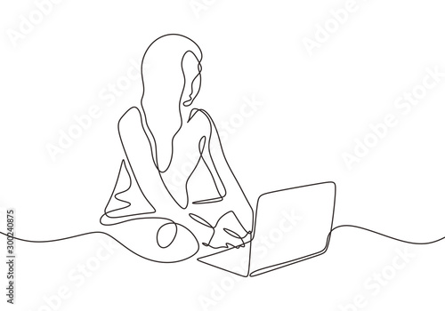 Continuous one line drawing of girl sitting with laptop. Casual woman doing freelance job work at home.