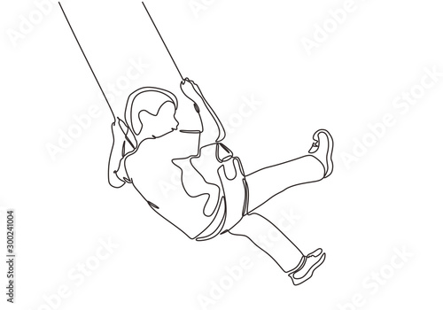 Continuous one line drawing of kid sitting and playing swinging minimalism design. Vector happy childhood.