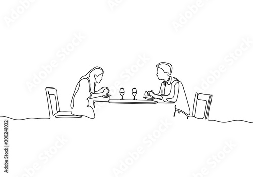 Continuous one line drawing of romantic couple dinner with table, food, and wine. Vector metaphor of love, dating, and restaurant.