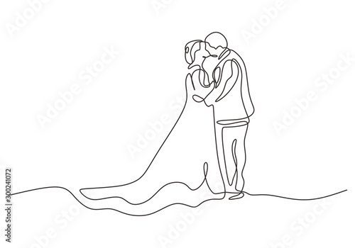 Continuous one line drawing of happy couple in marriage. Man and woman wearing wedding dress kissing and blessing happiness moment.