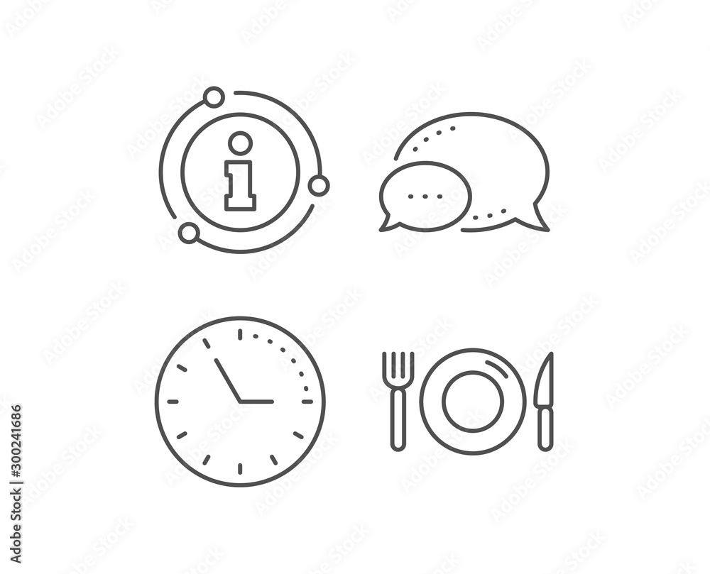 Food line icon. Chat bubble, info sign elements. Restaurant sign. Fork, knife and plate symbol. Linear food outline icon. Information bubble. Vector Food line icon. Chat bubble, info sign elements. Restaurant sign. Fork, knife and plate symbol. Linear food outline icon. Information bubble. Vector