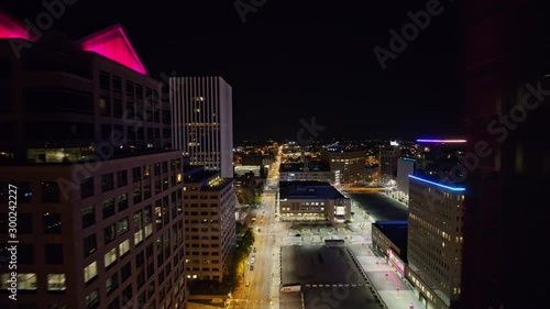 Rochester New York Aerial v8 Fly thru of downtown over S Clinton Street at night - October 2017 photo