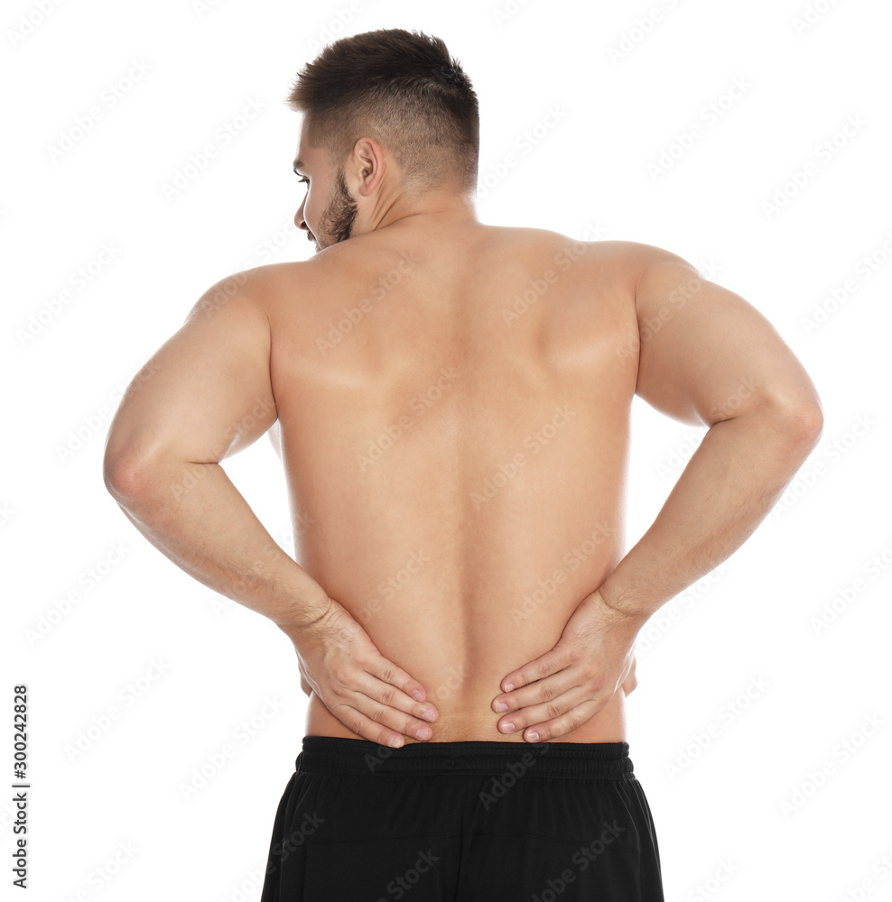 Man suffering from backache on white background