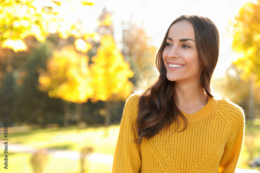 Beautiful woman wearing yellow sweater in park. Autumn walk - obrazy, fototapety, plakaty 