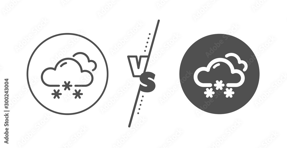 Clouds with snowflake sign. Versus concept. Snow weather forecast line icon. Cloudy sky symbol. Line vs classic snow weather icon. Vector