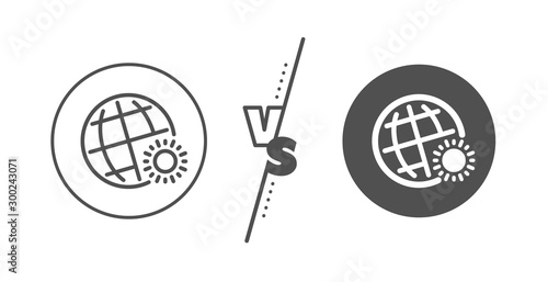Sun with globe sign. Versus concept. World weather line icon. Hot season symbol. Line vs classic world weather icon. Vector