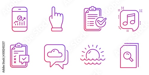 Smartphone statistics, Click hand and Musical note line icons set. Checklist, Survey checklist and Weather forecast signs. Sunset, Search files symbols. Mobile business, Direction finger. Vector