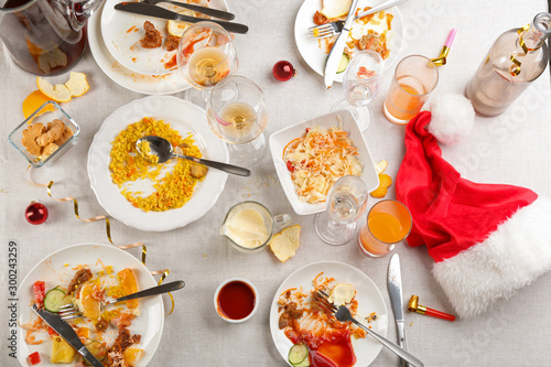 Flat lay composition of food leftovers after party on table